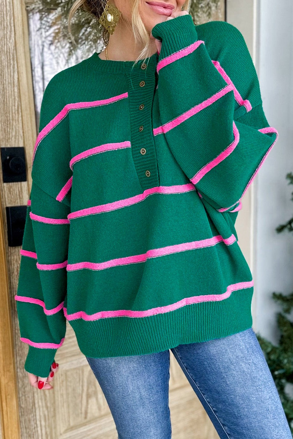 Green Stripe Half Buttons Drop Shoulder Oversized Sweater