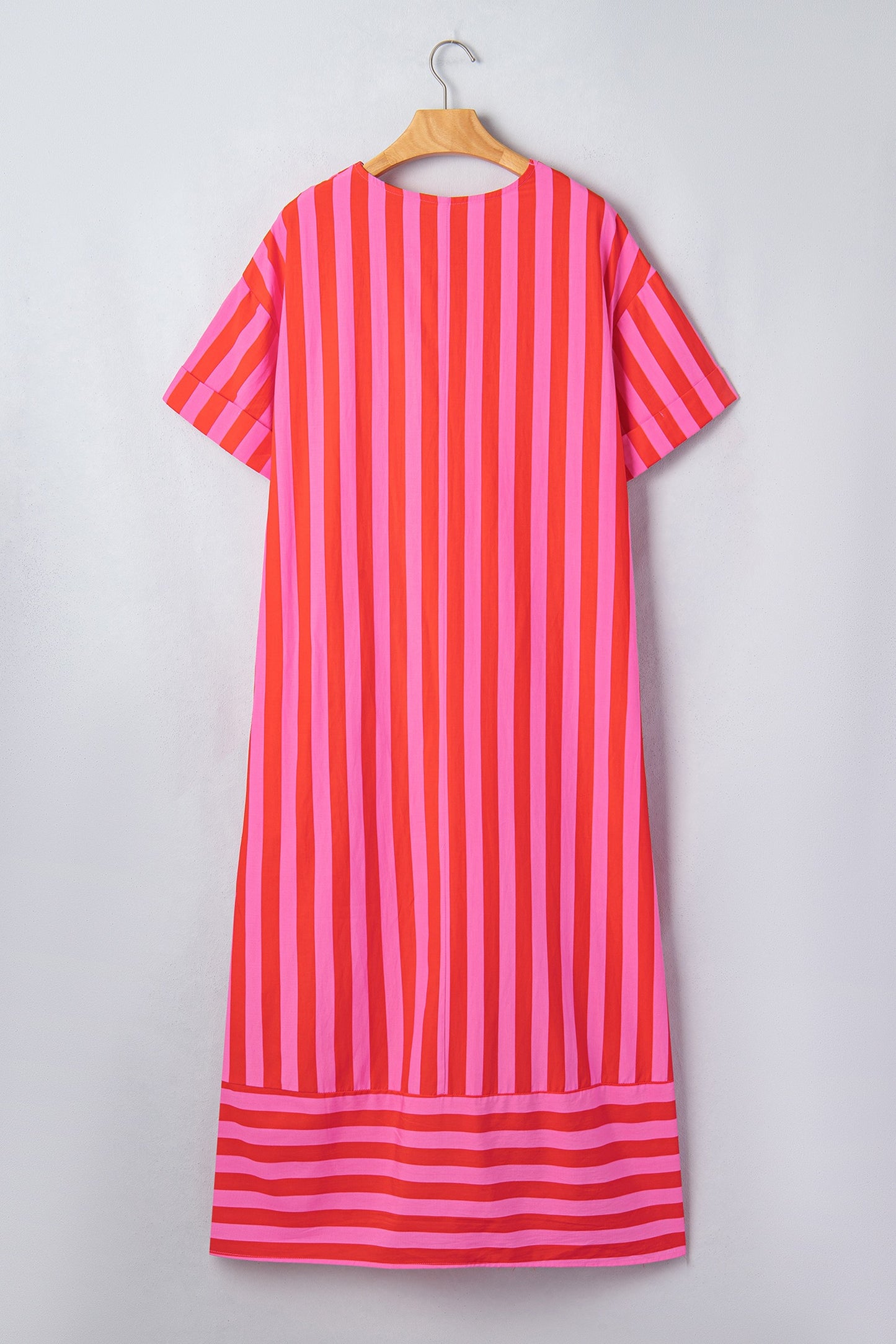 Red Stripe V Neck Cuffed Sleeve Dress