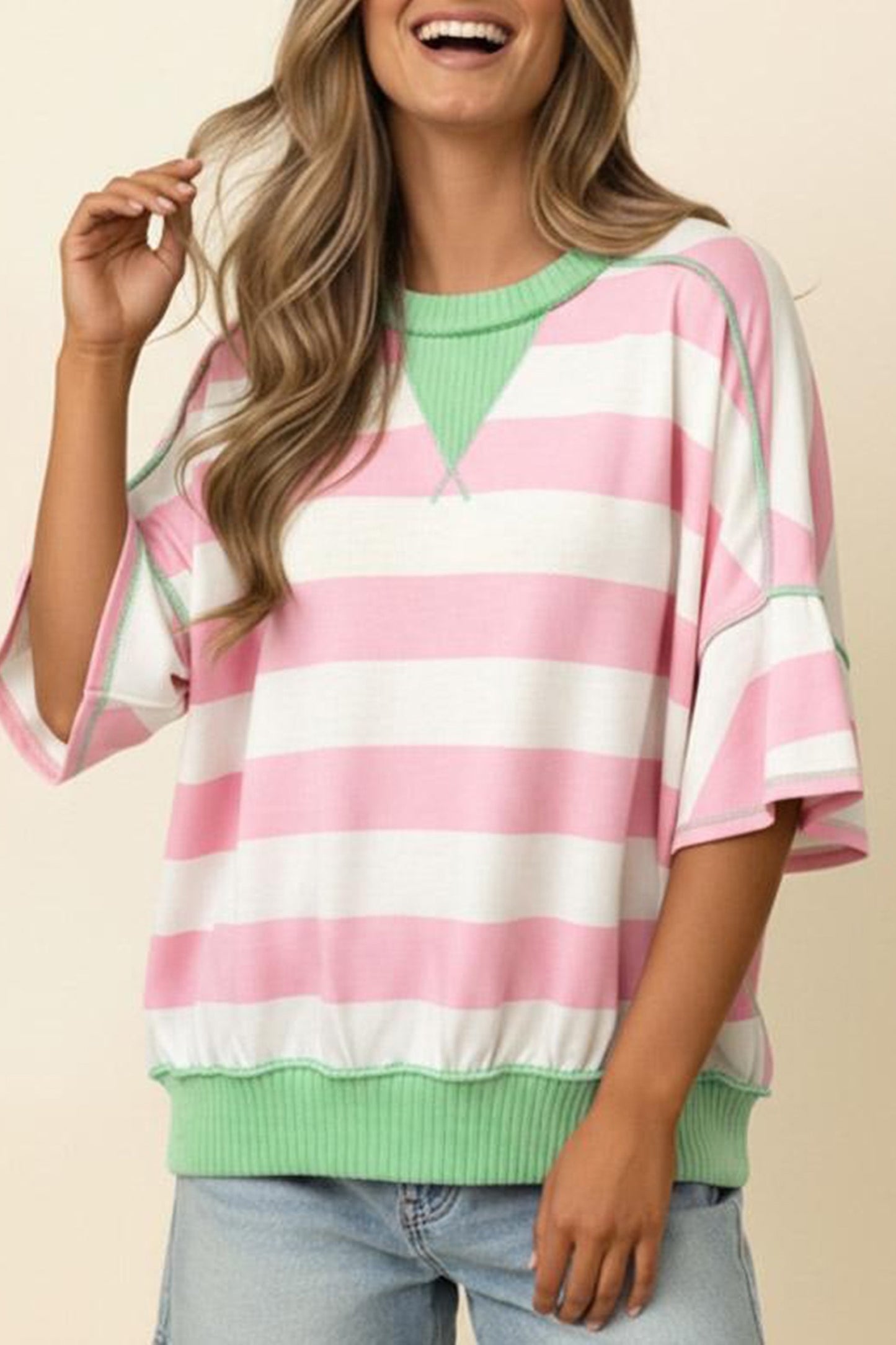 Green Stripe Exposed Seam Ribbed Oversized Tee