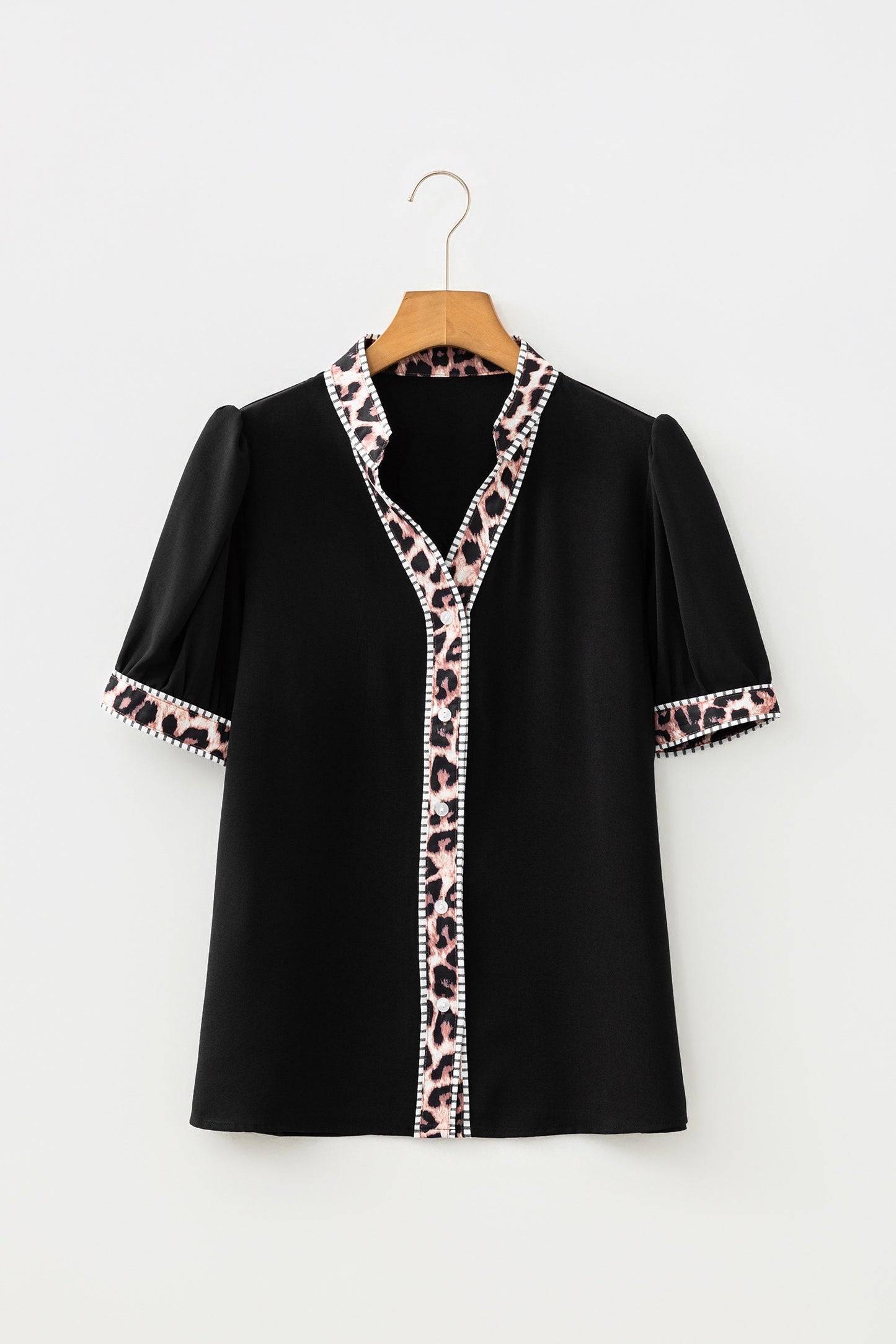 Black V Neck Short Puff Sleeve Contrast Striped Leopard Trim Button Down Shirt