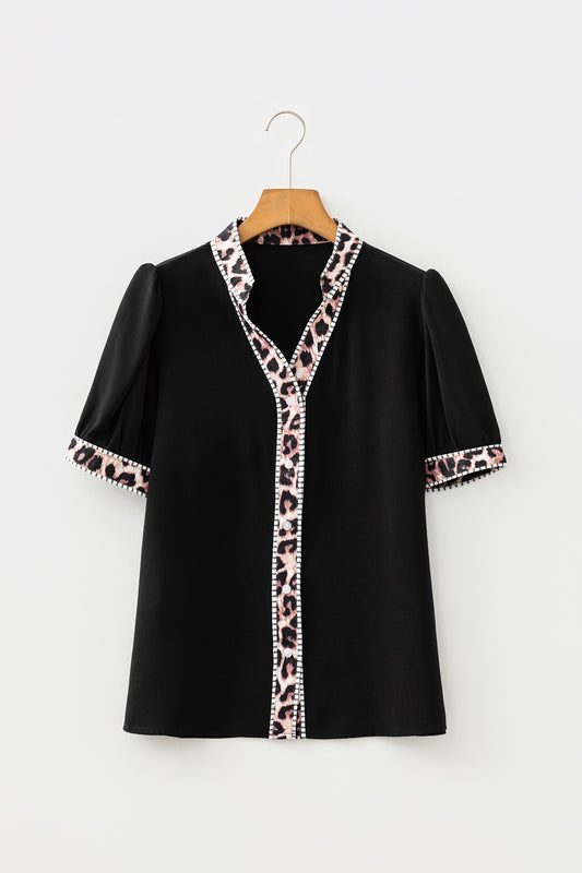 Black V Neck Short Puff Sleeve Contrast Striped Leopard Trim Button Down Shirt