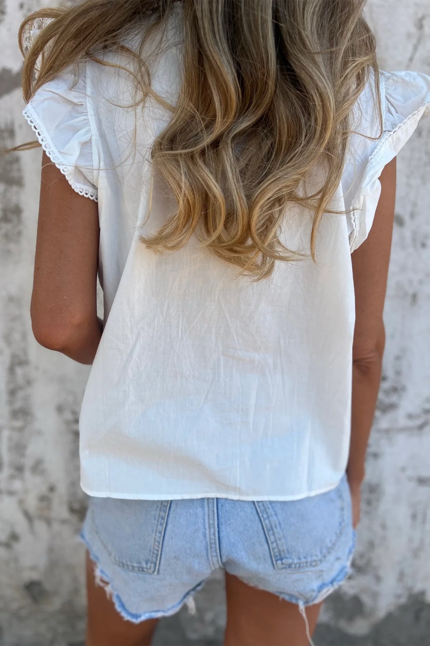 White Lace Detail Flutter Sleeve Pleated Detail Blouse, Ships May 5