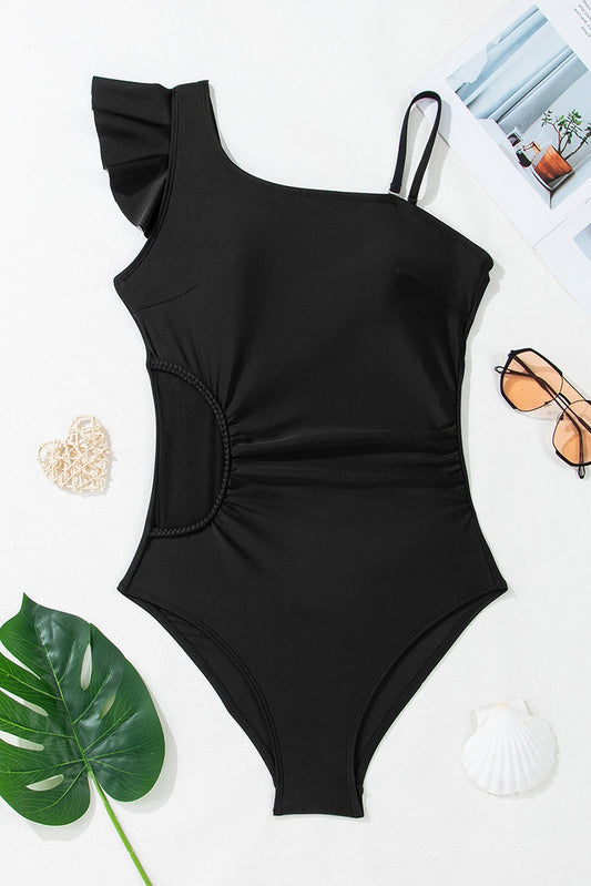 Black Asymmetrical Ruffle Pleated One Piece Bathing Suit