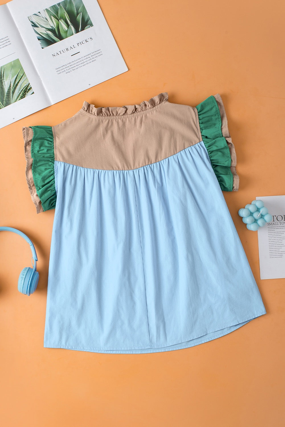 Blue Ruffle Sleeve Blouse