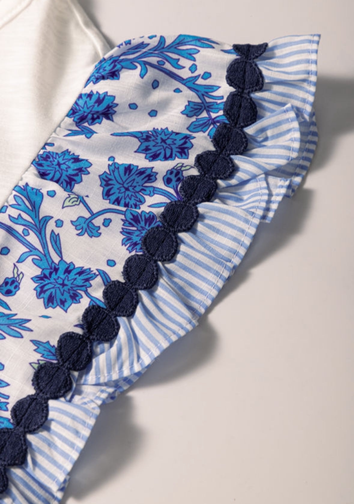 Sleeveless Blue Floral Trim Ric Rac Detail Top
