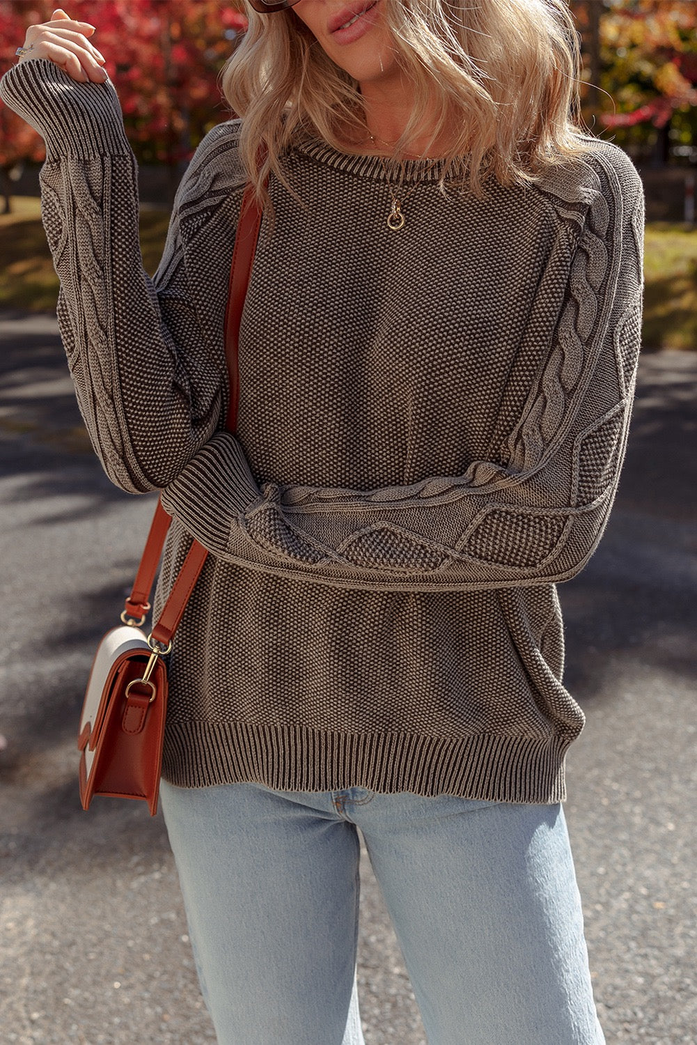 Casual Sweater Dark Brown Contrast Cable Knit Sleeve