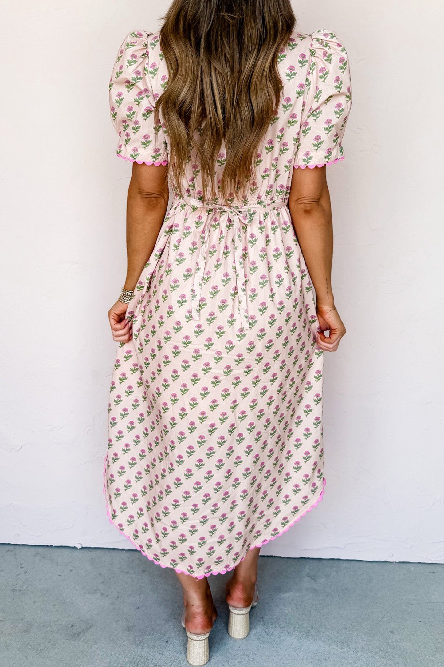 Pink Floral Print V Neck Scallop Trim Button Front Short Sleeve Maxi