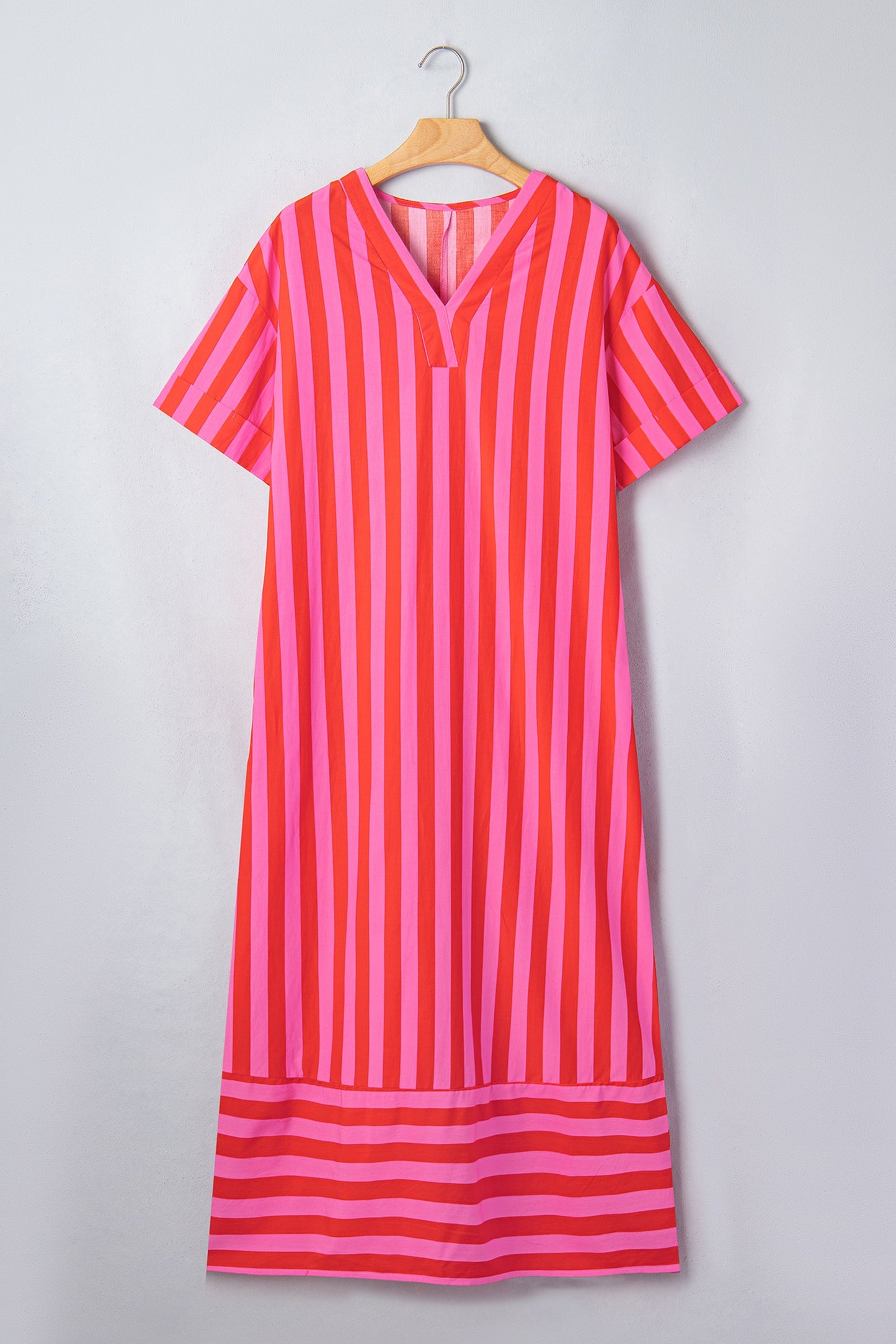 Red Stripe V Neck Cuffed Sleeve Dress