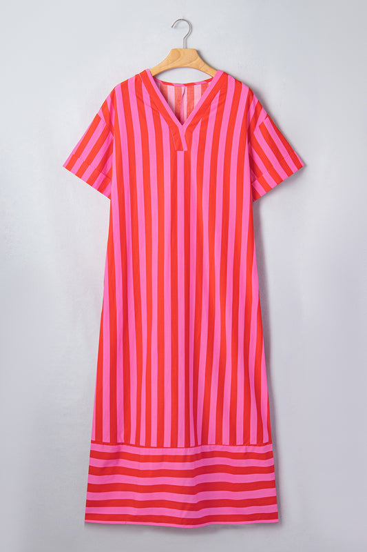 Red Stripe V Neck Cuffed Sleeve Dress
