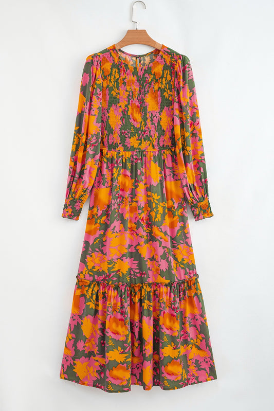 Orange Floral Puff Sleeve Smocked Bodice Ruffled Dress