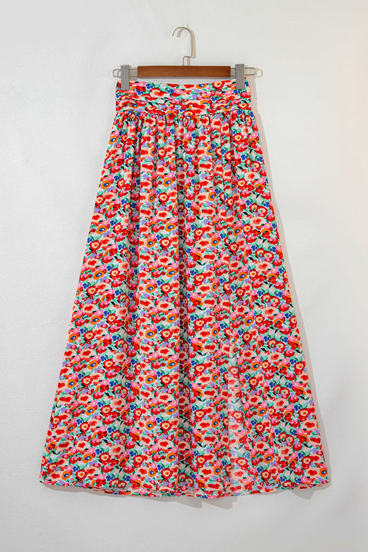Wide Waistband, Side Slit, Floral Maxi Skirt