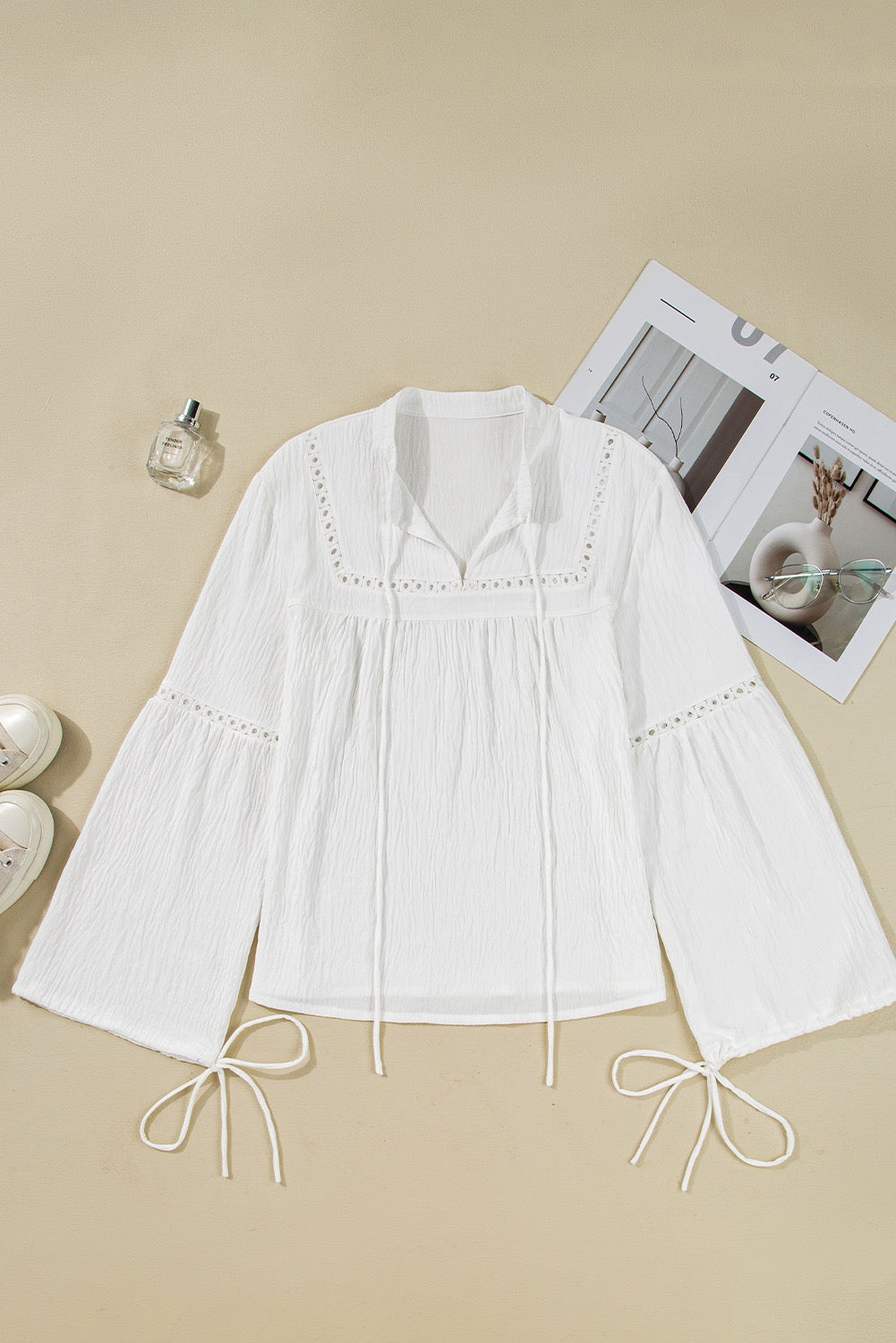 White Drawstring Lace Detail Puff Sleeve Split Neck Fall Blouse