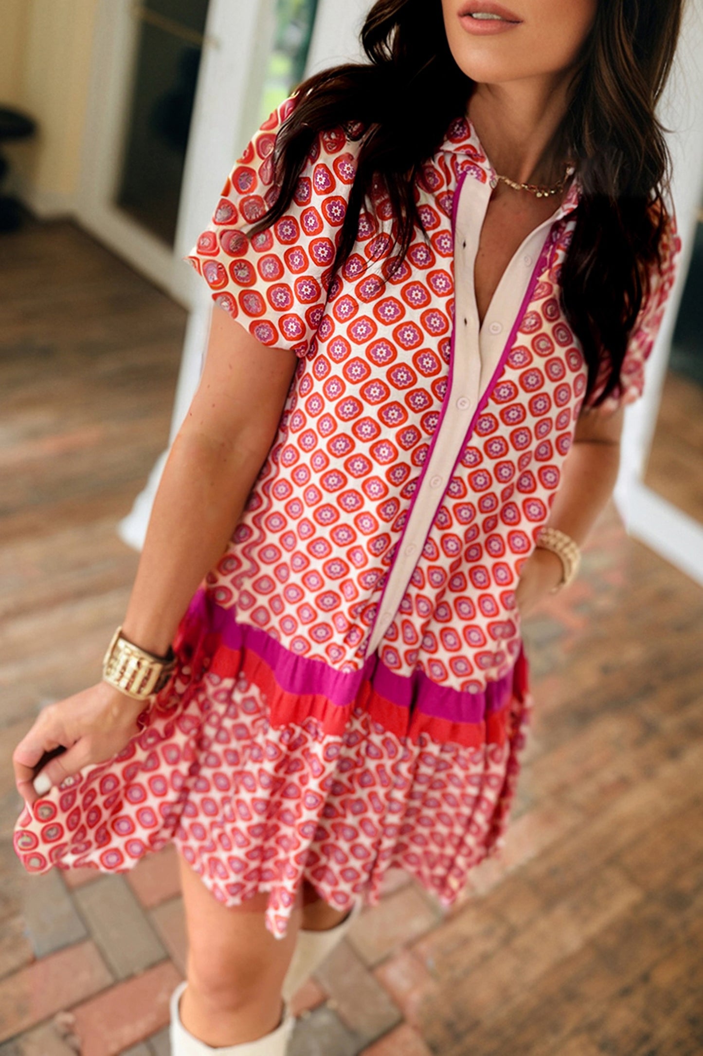 Geometric Floral Print Button Front Ruffle Hem Dress