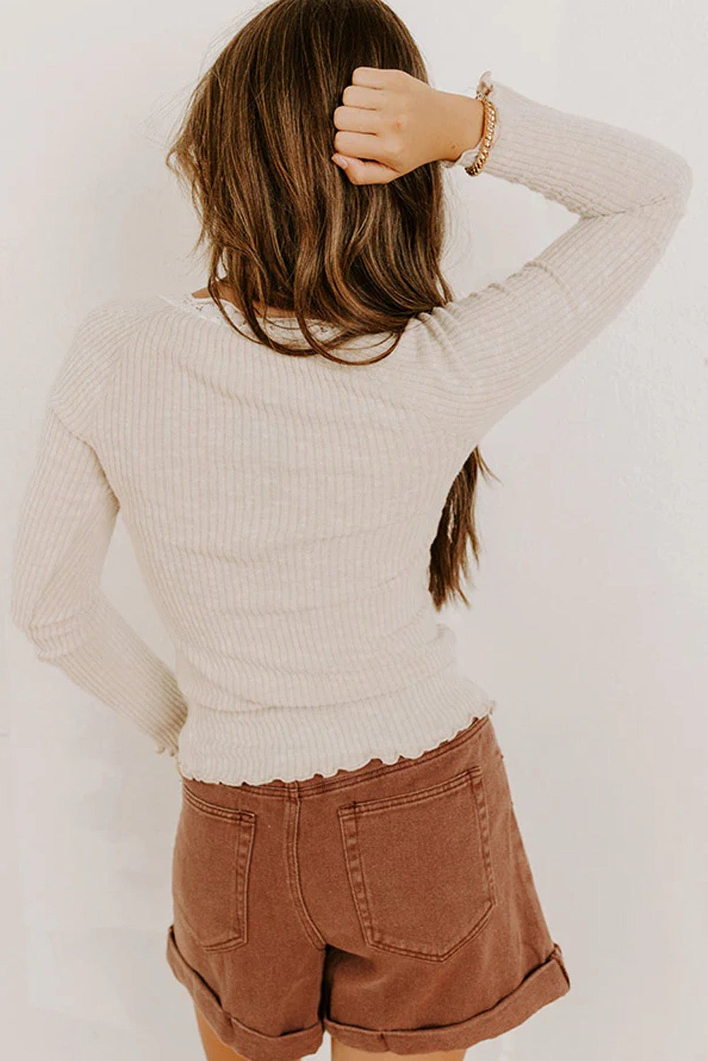 Ivory Lace Neckline Button Decor Lettuce Edge Long Sleeve Ribbed Top