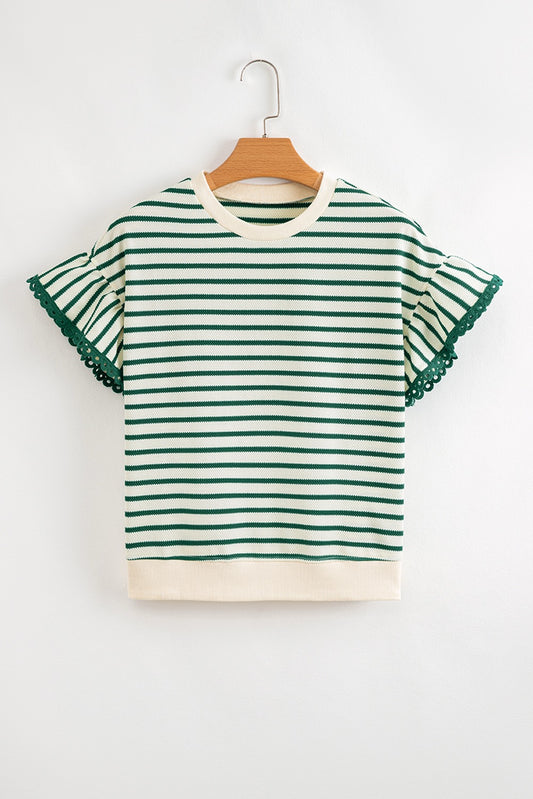 Green Stripe Scallop Lace Trim Ruffle Crewneck Top