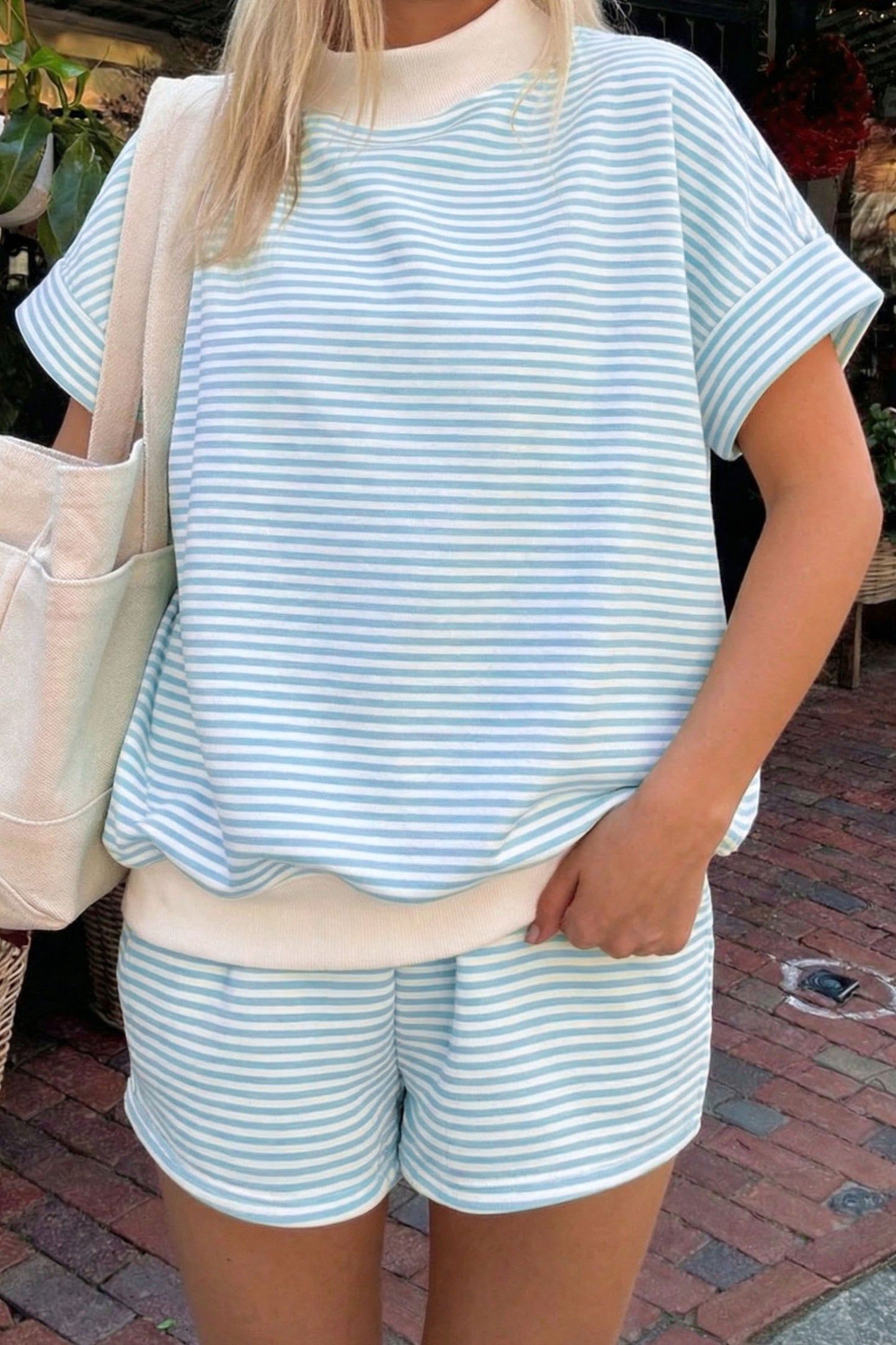 Blue Stripe Shorts Set