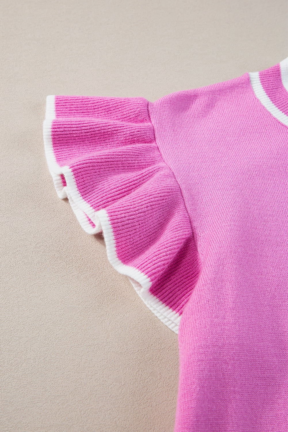 Pink Flutter Sleeve Knit Top with White Trim