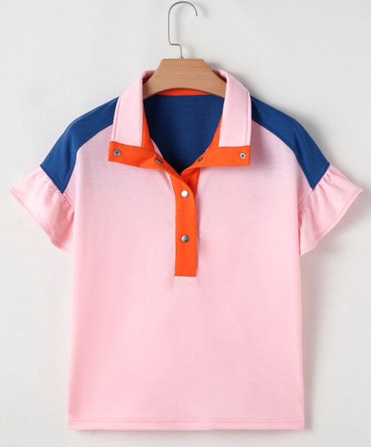 Gossamer Pink Color Block Half Buttoned Ruffled Short Sleeve Shirt