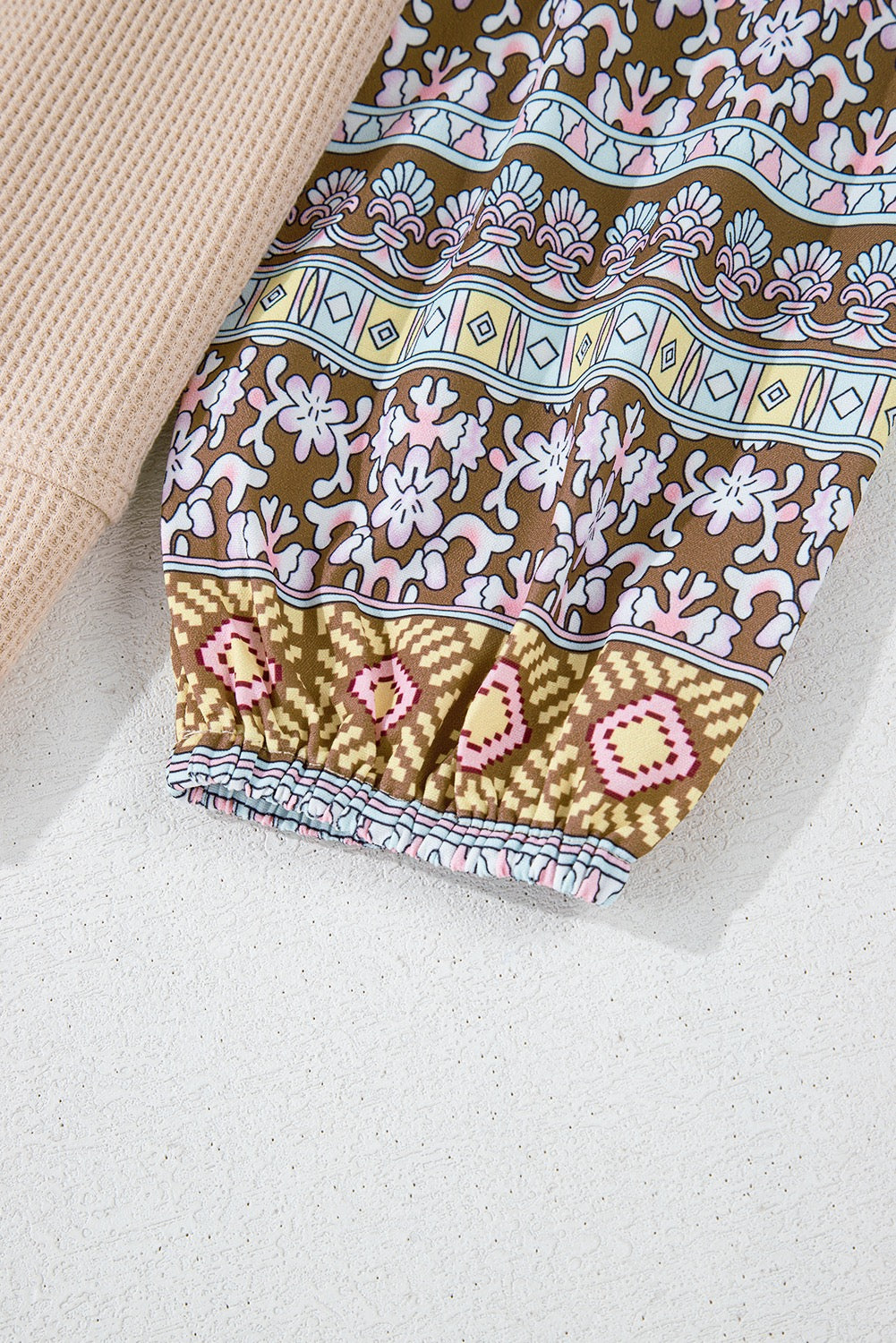Contrast Floral Patchwork Puff Sleeve Waffle Knit Top