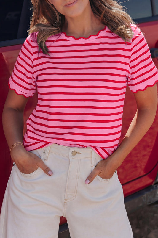 Pink Stripe Scalloped Trim Round Tee