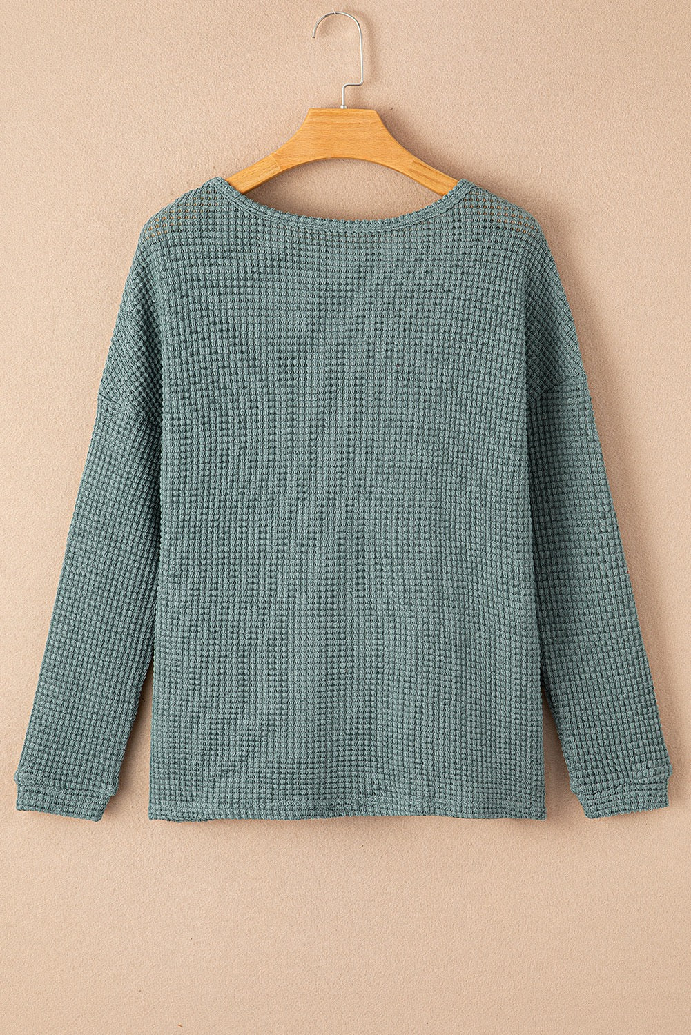 Green Waffle Knit Drop Shoulder Long Sleeve Top