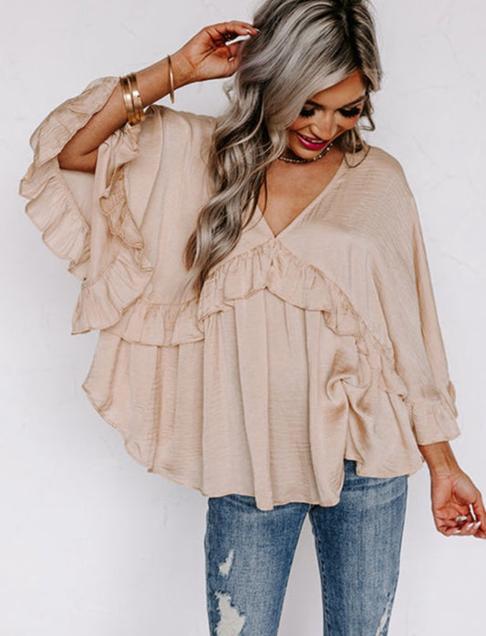 Apricot Batwing Sleeve Ruffle Top
