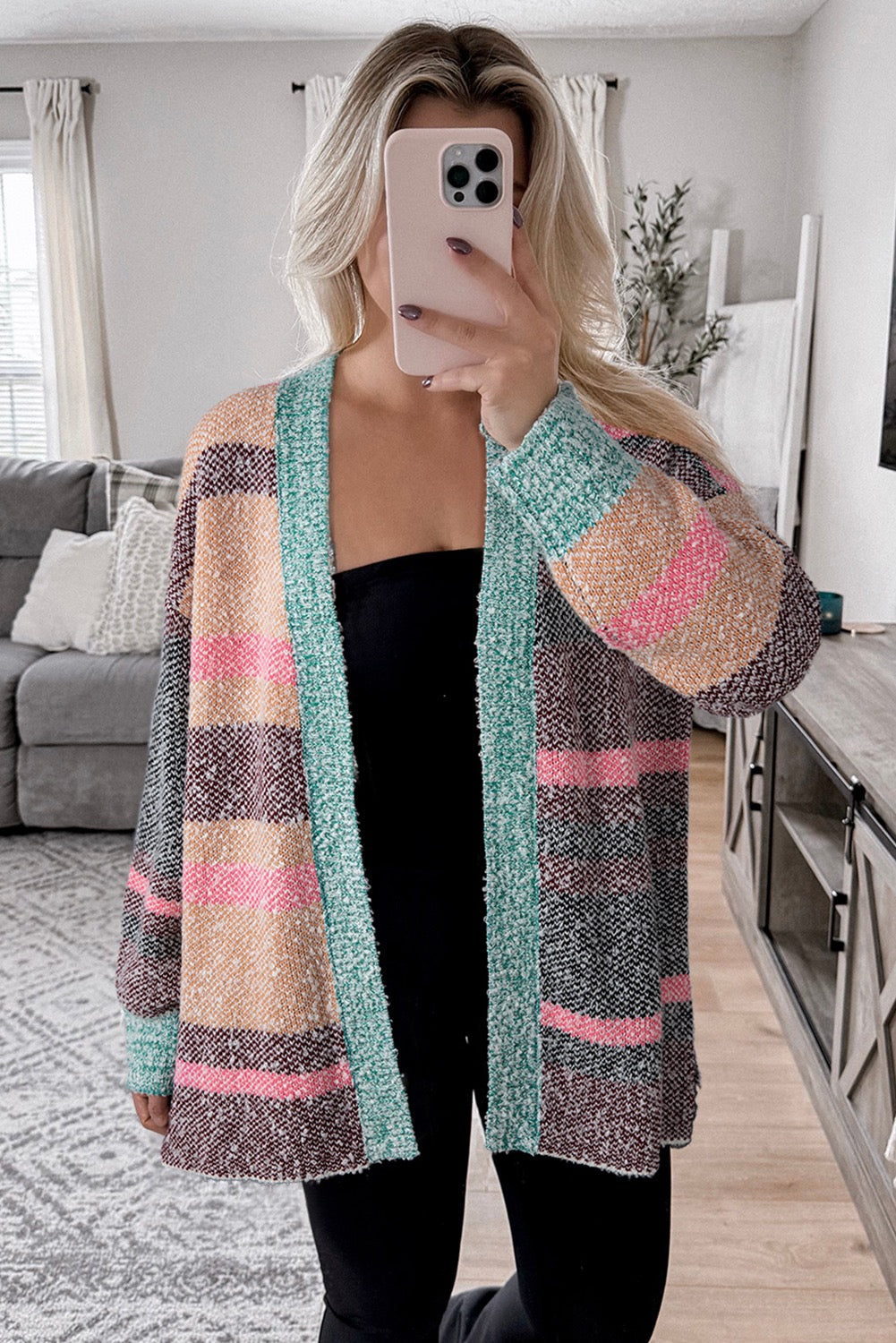 Multicolour Color Block Striped Side Slit Open Front Cardigan