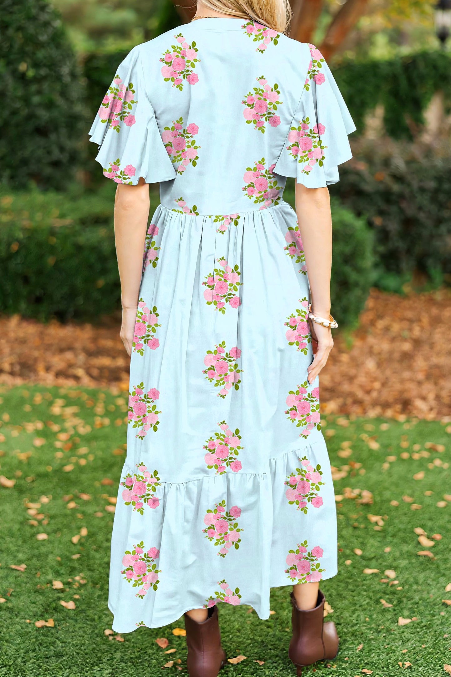 Blue Flutter Short Sleeve Floral Print Maxi