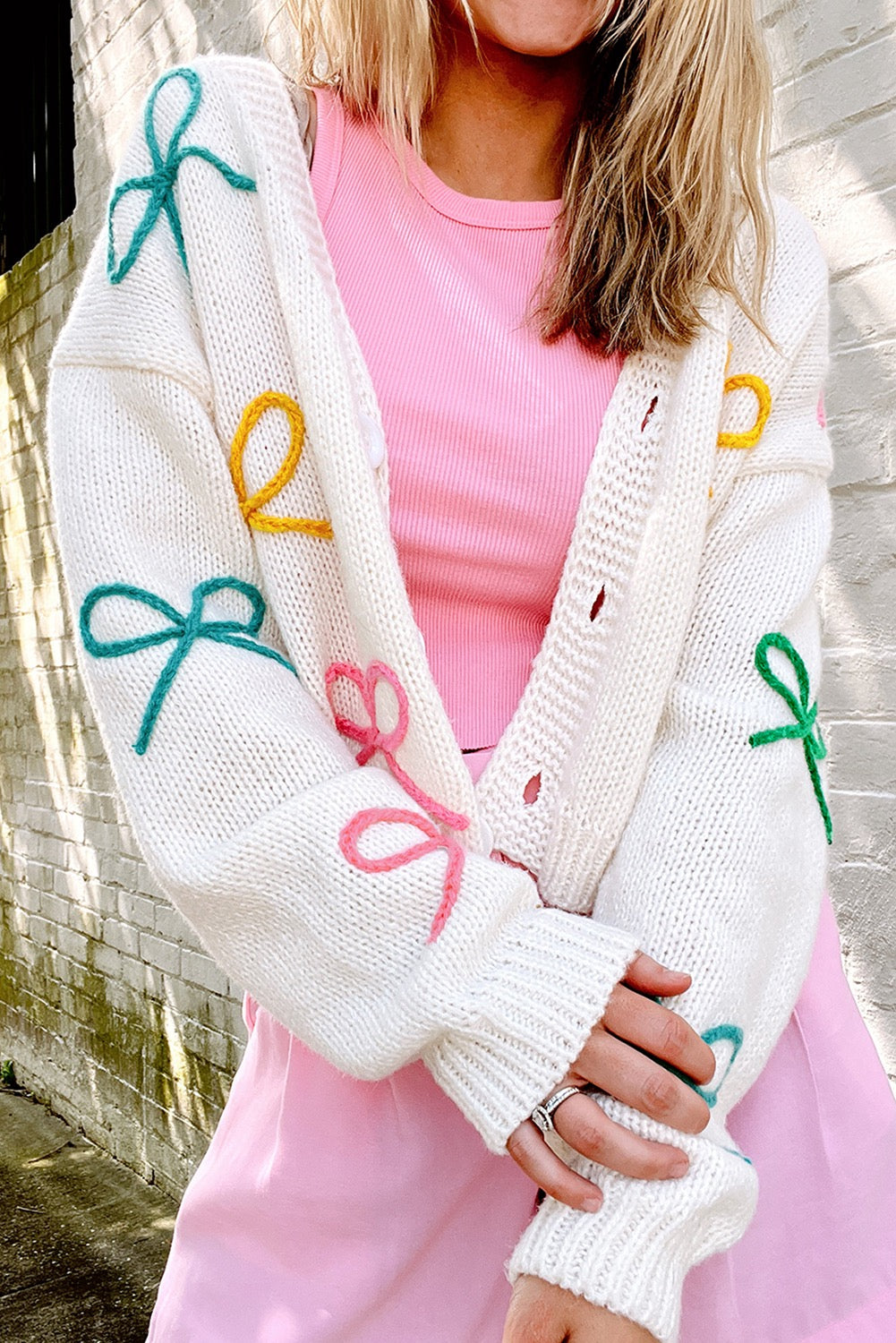 White Knit Bow Cardigan