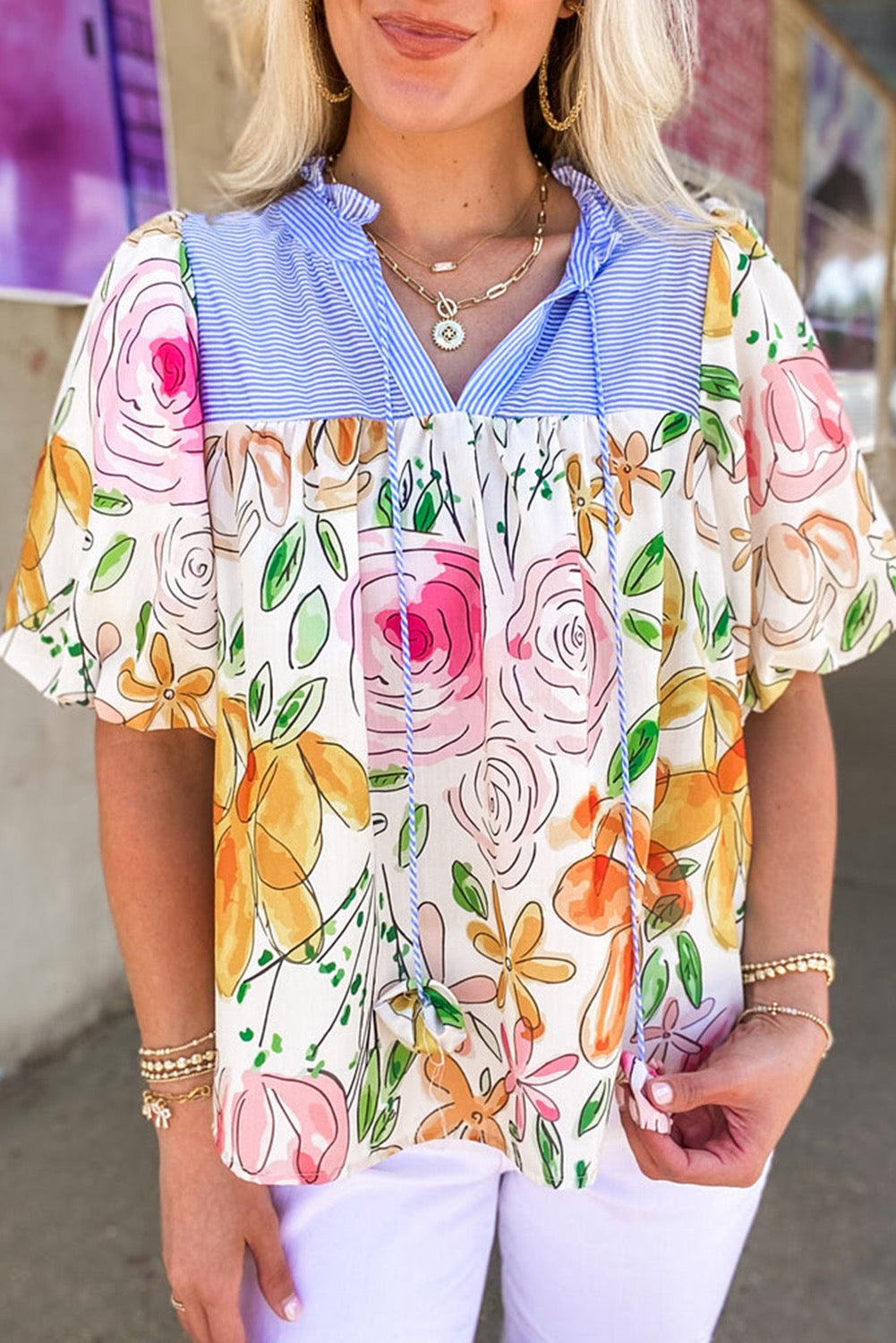 Floral Print Yoke Striped Blouse
