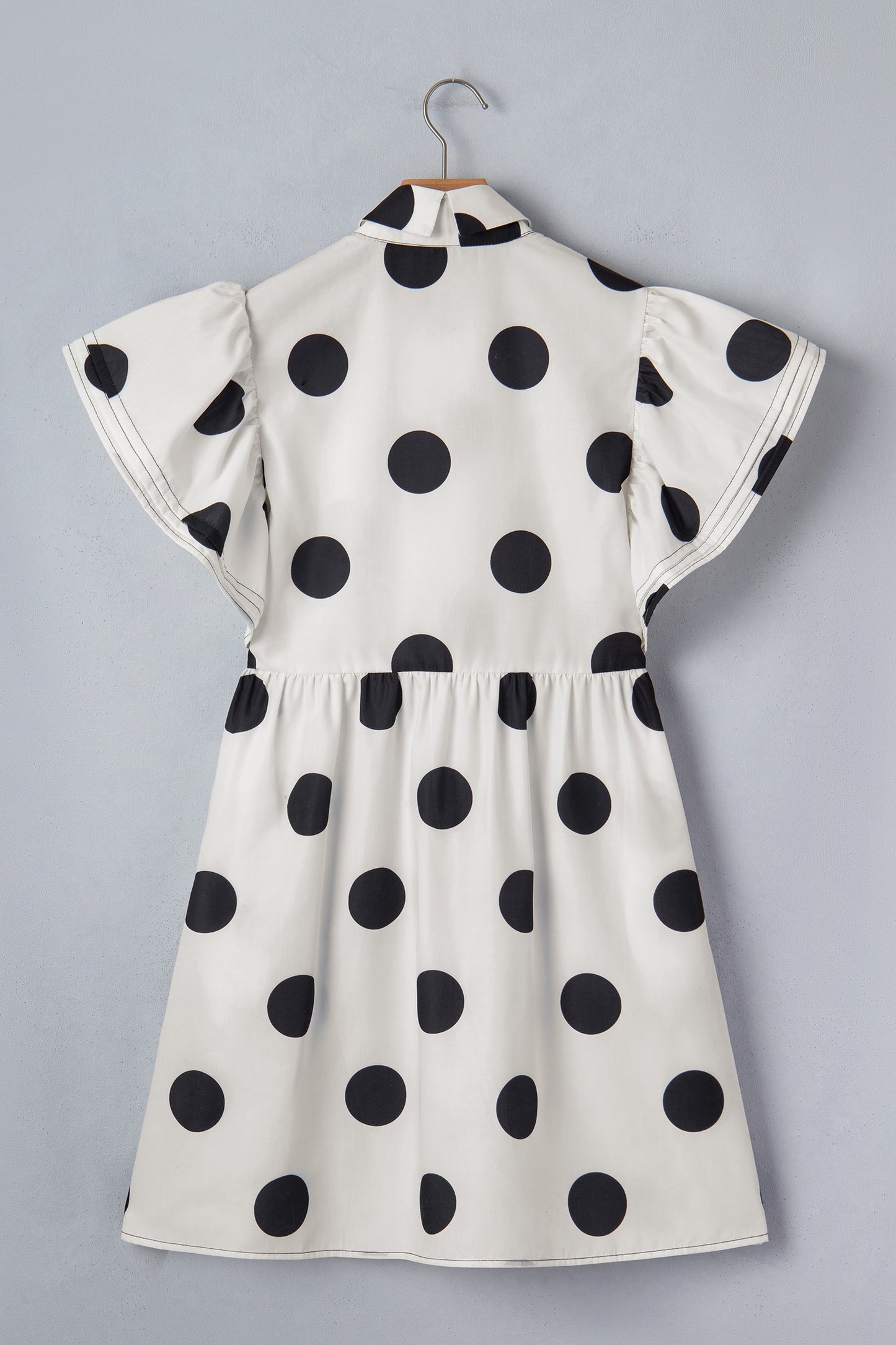 White Polka Dot Print Half Button Ruffled Short Sleeve Loose Mini Dress