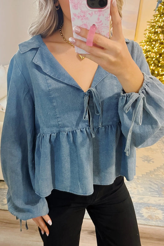 Dusk Blue Denim Lapel Neck Balloon Sleeve Tied Peplum Top