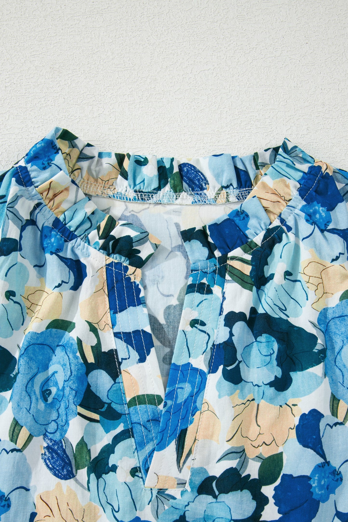 Beige Floral Print Contrasted Frilled Striped Trim Short Sleeve