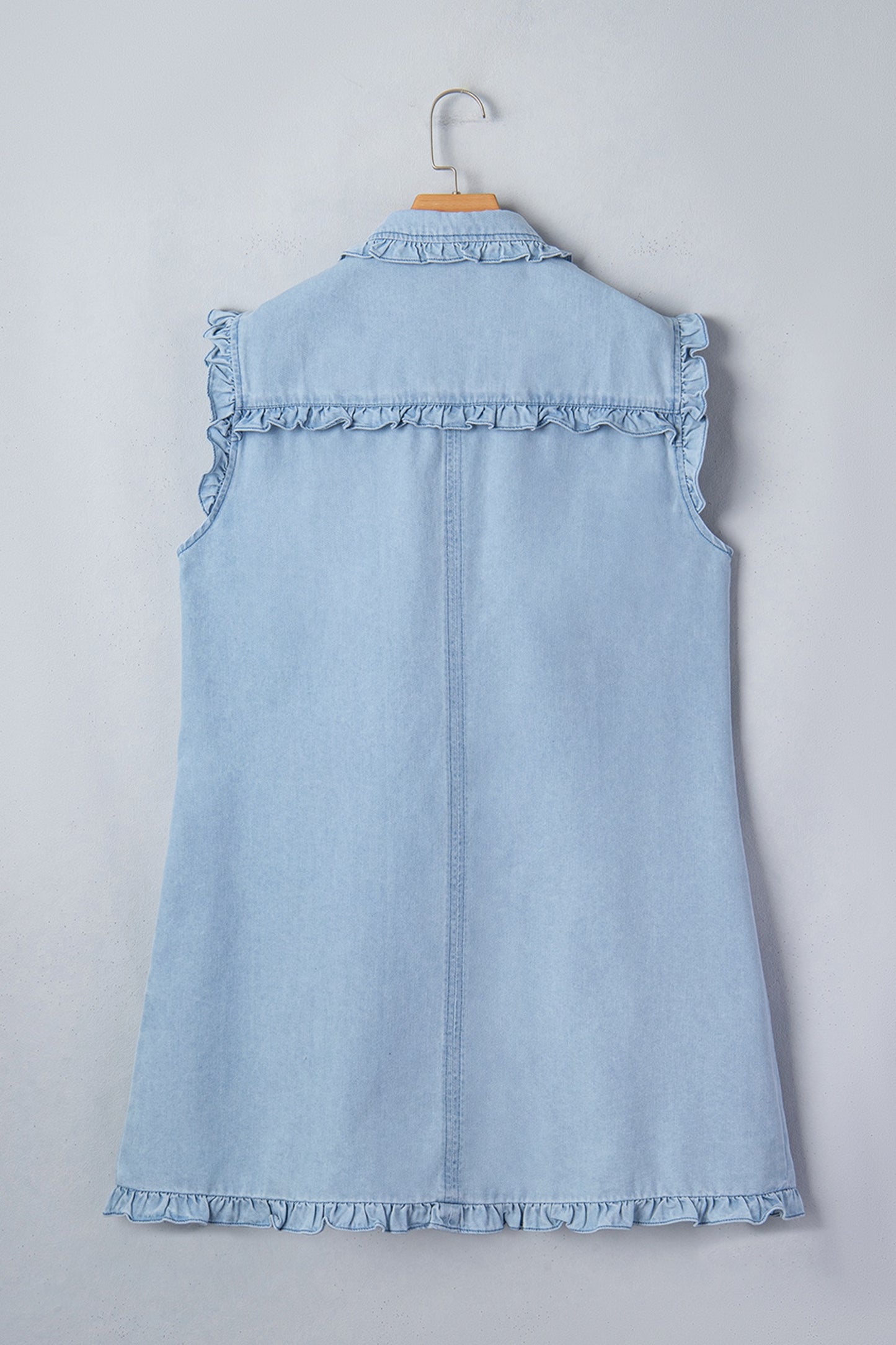Light Wash Ruffled Edge Collared Shift Denim Dress with Pockets
