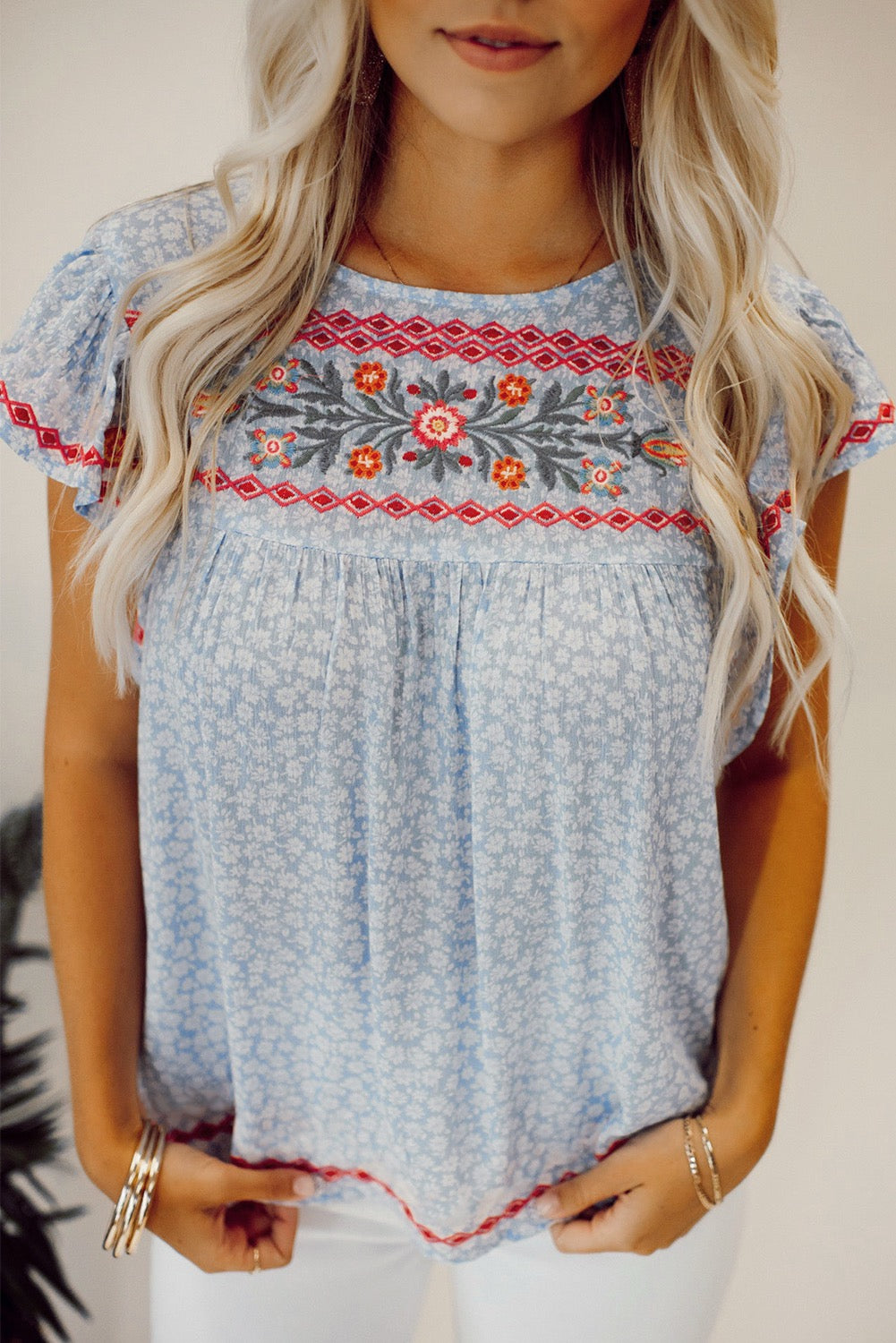 Blue Boho Flutter Sleeve Blouse