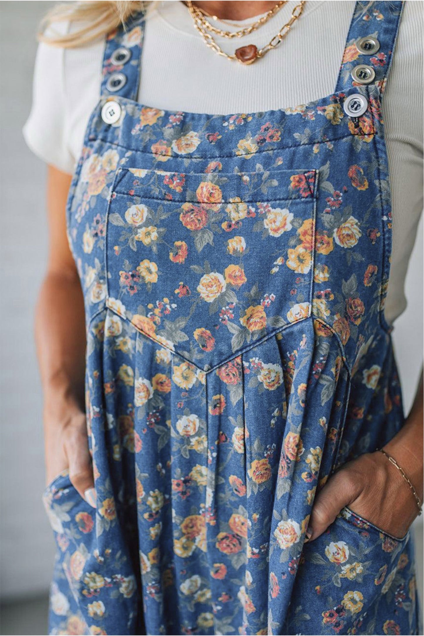Vintage Rose Printed Pleated Loose Denim Overall (ships 4/5)