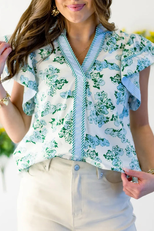 Green Floral Meets Stripes Flutter Sleeve Blouse