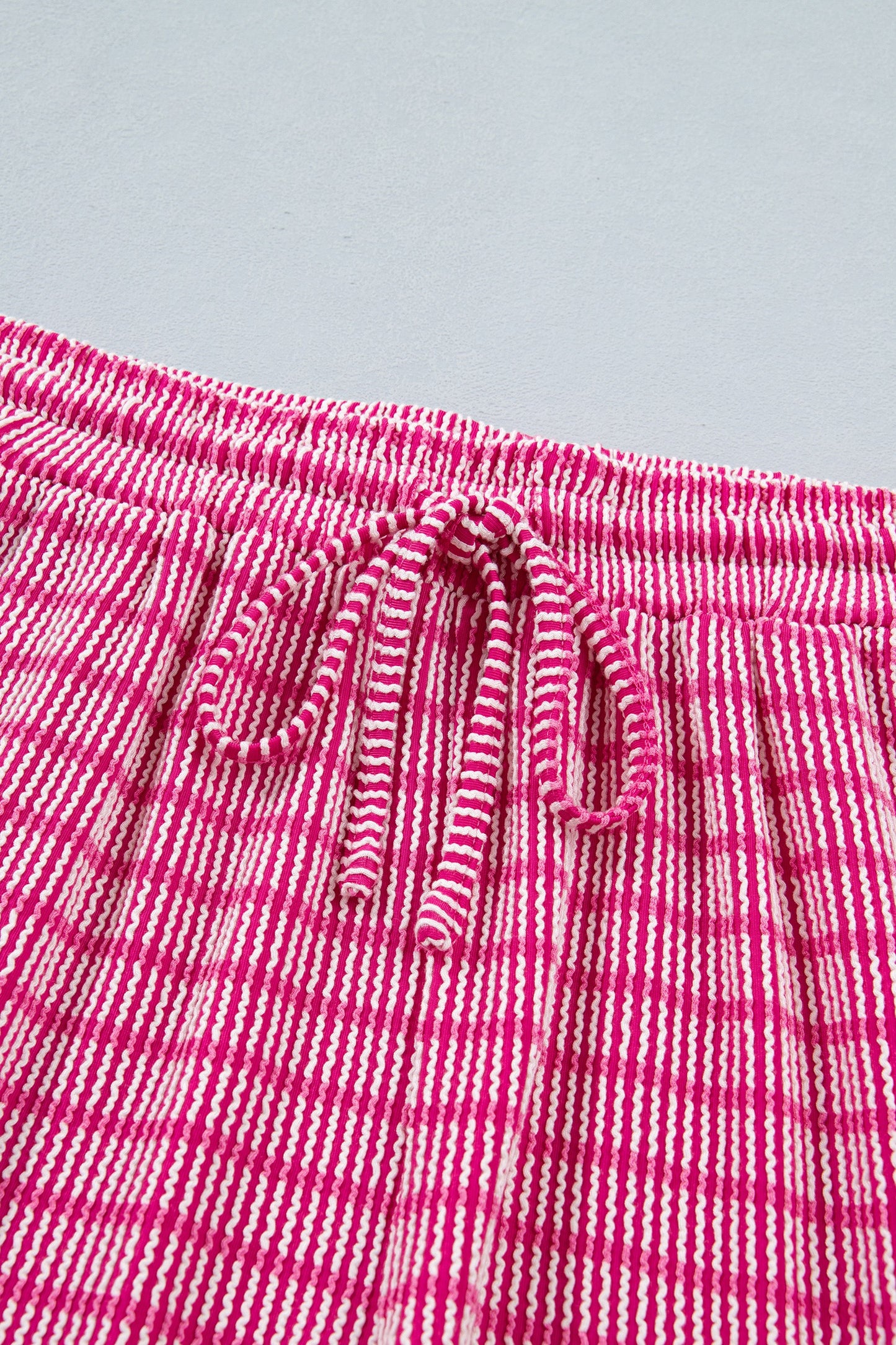 Pink Stripe Raised Rib Loose Tee Drawstring Elastic Waist 2pcs Short Set