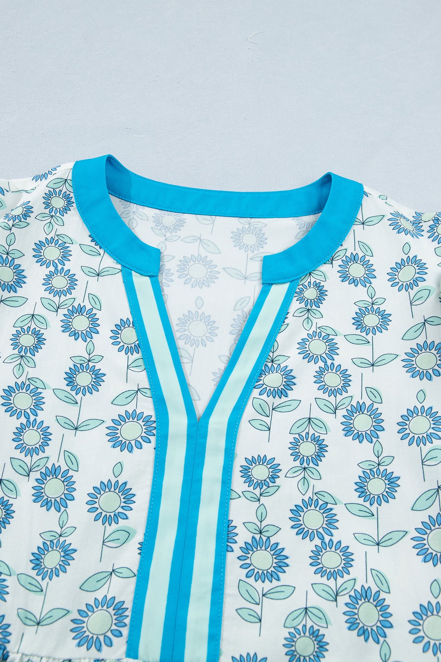 Blue Floral Print Contrast Trim Flutter Sleeve Dress