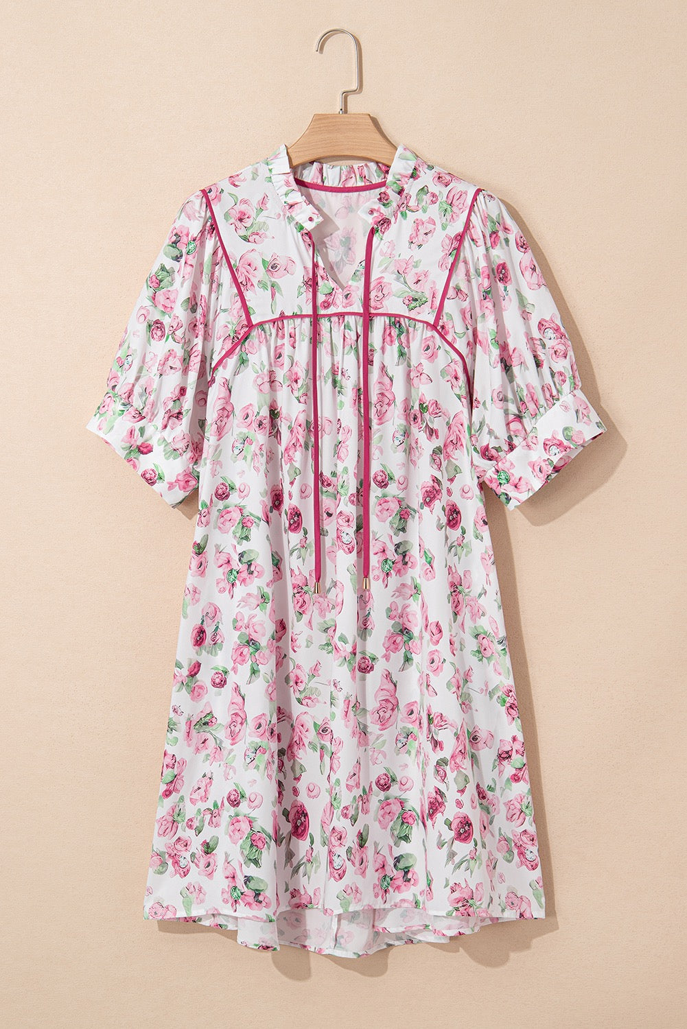 Pink Floral Split Neck Short Sleeve Loose Plus Size Mini Dress