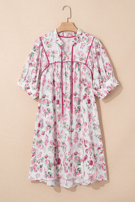 Pink Floral Split Neck Short Sleeve Loose Plus Size Mini Dress