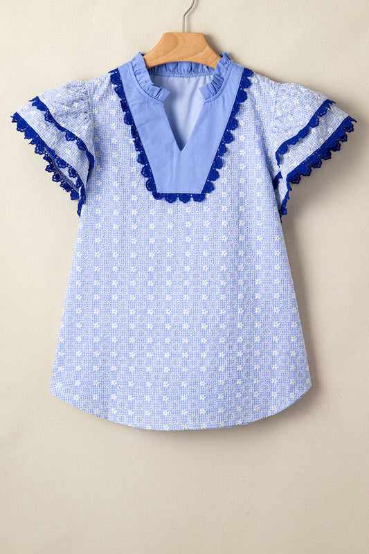 Blue Square Neck Short Puff Sleeve Pleated Floral Blouse