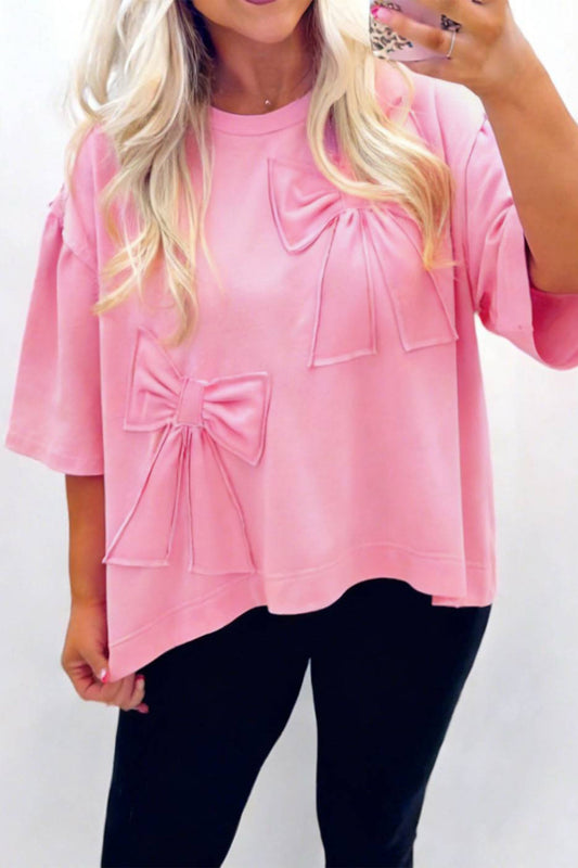 Pink Solid Color Raw Edge Bow Patch Loose Shirt