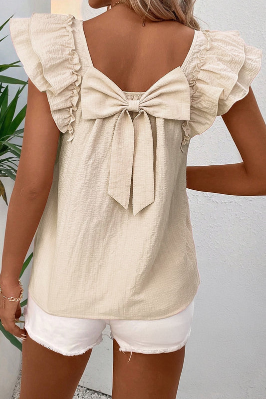 Gossamer Beige Textured Bow Frilled Ruffle Sleeve Blouse