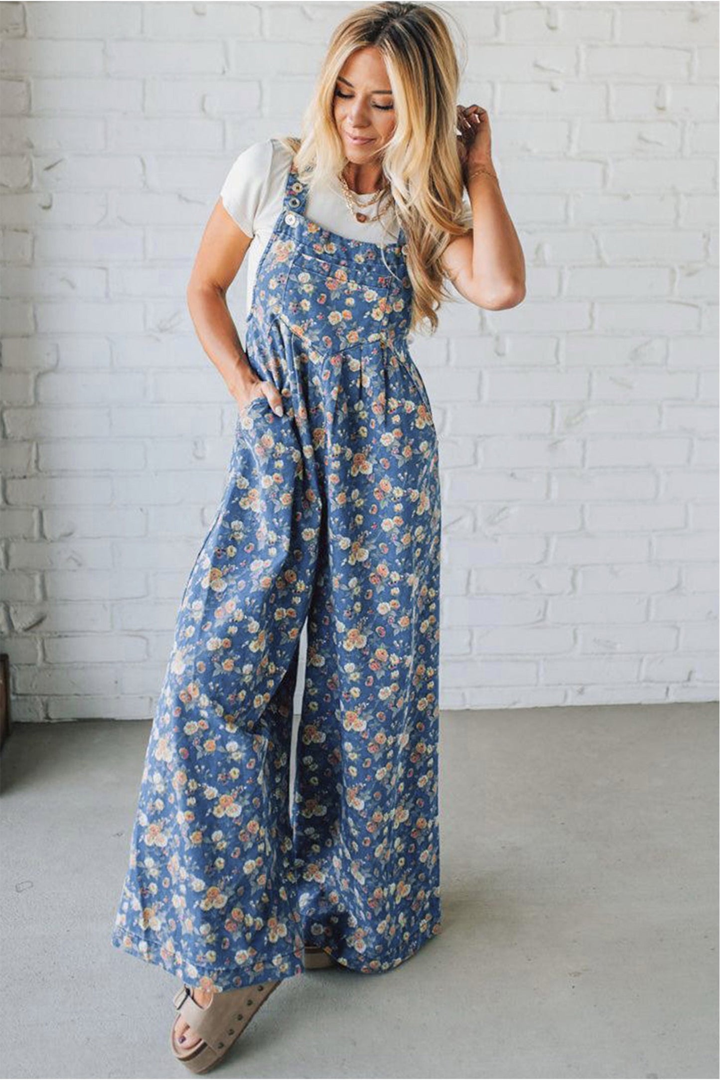 Vintage Rose Printed Pleated Loose Denim Overall (ships 4/5)