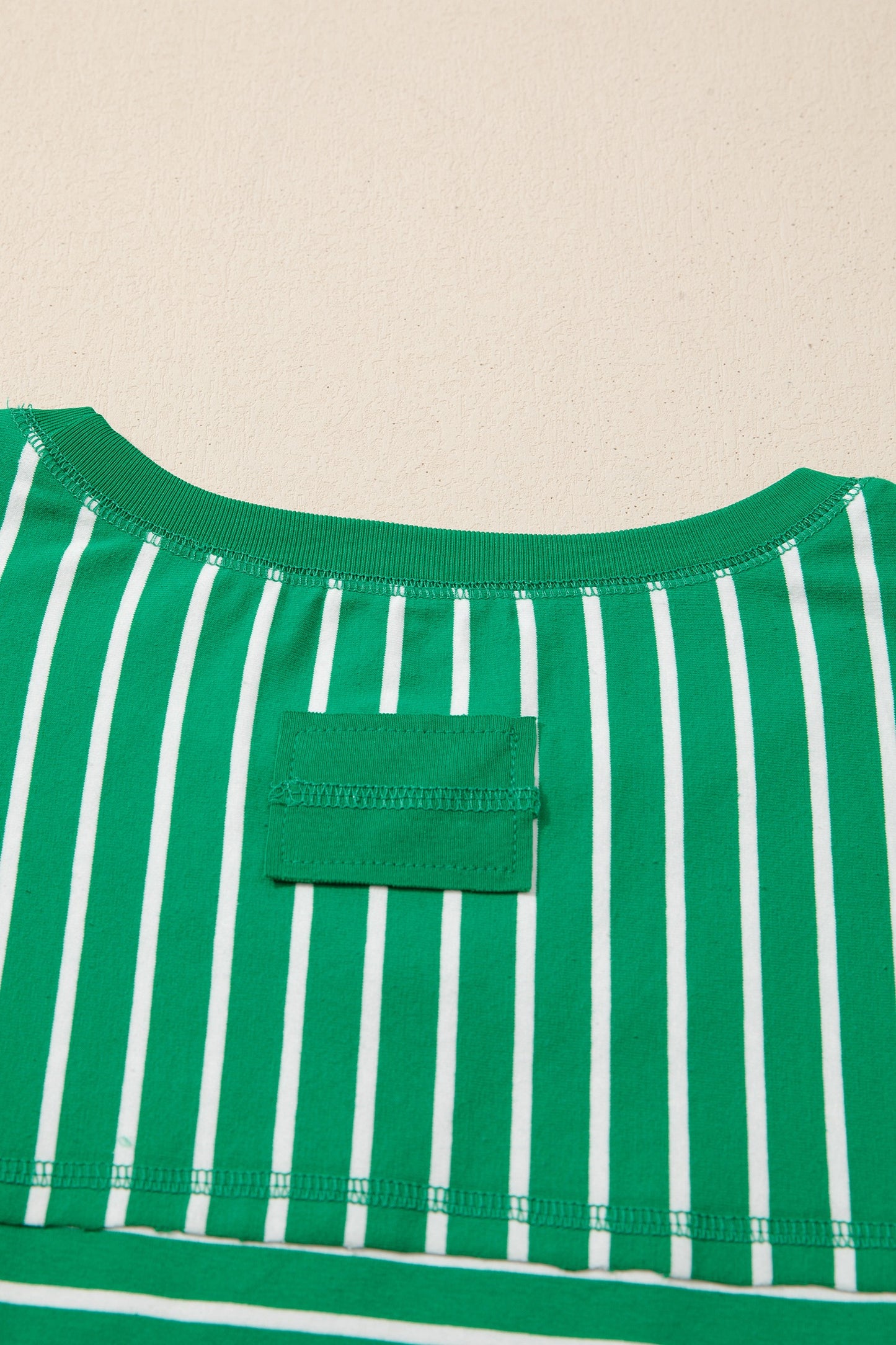 Green Stripe Ribbed Patchwork Seam Detail Half Sleeve Tee