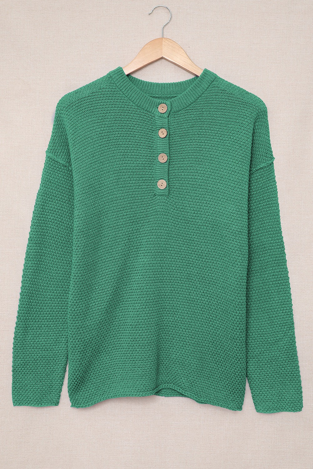 Green Henley Pullover Drop Shoulder Knit Top with Side Slits