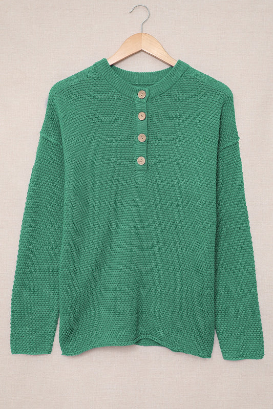 Green Henley Pullover Drop Shoulder Knit Top with Side Slits