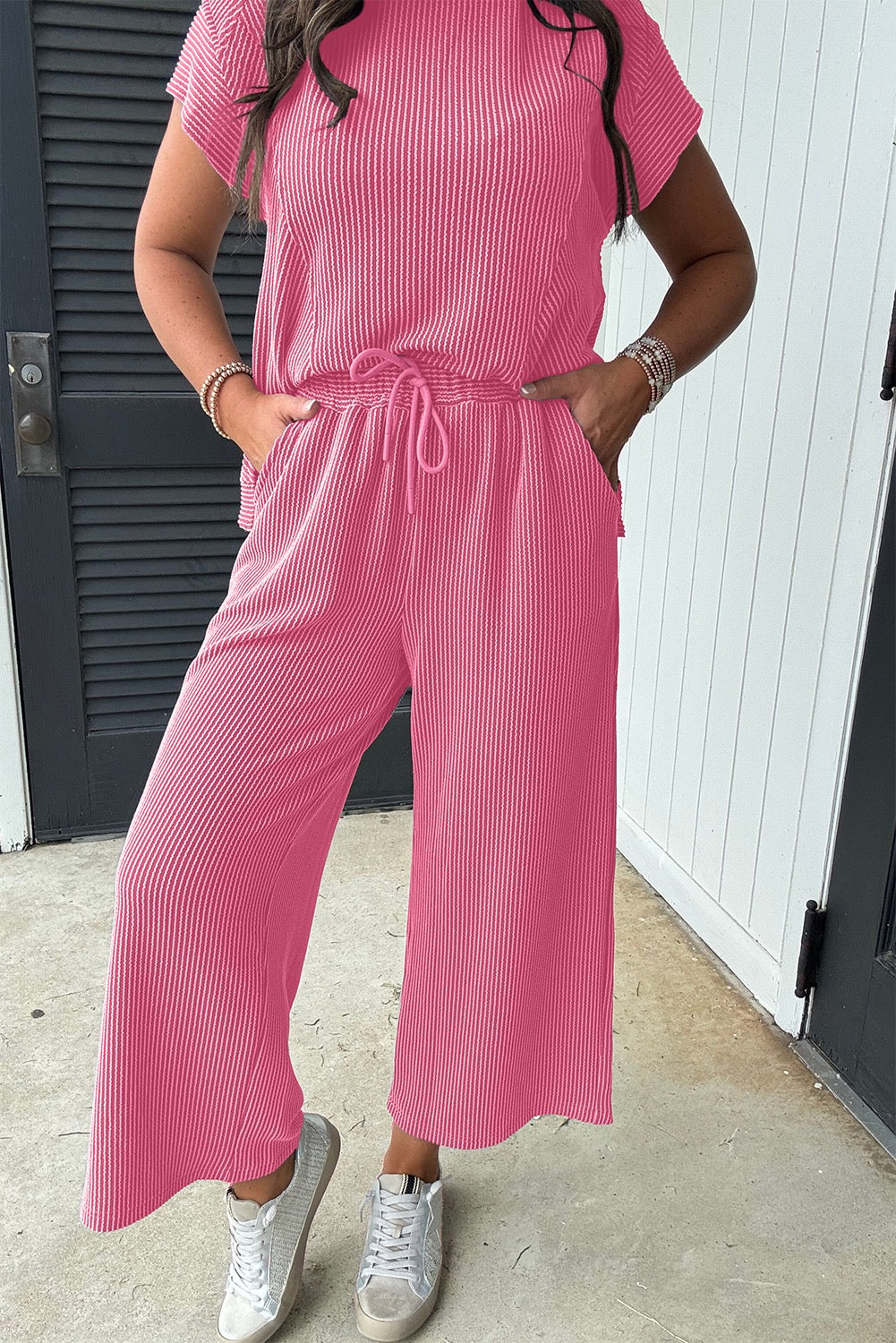 Solid Pink Corded Knit Short Sleeve T Shirt and Wide Leg Pants Set