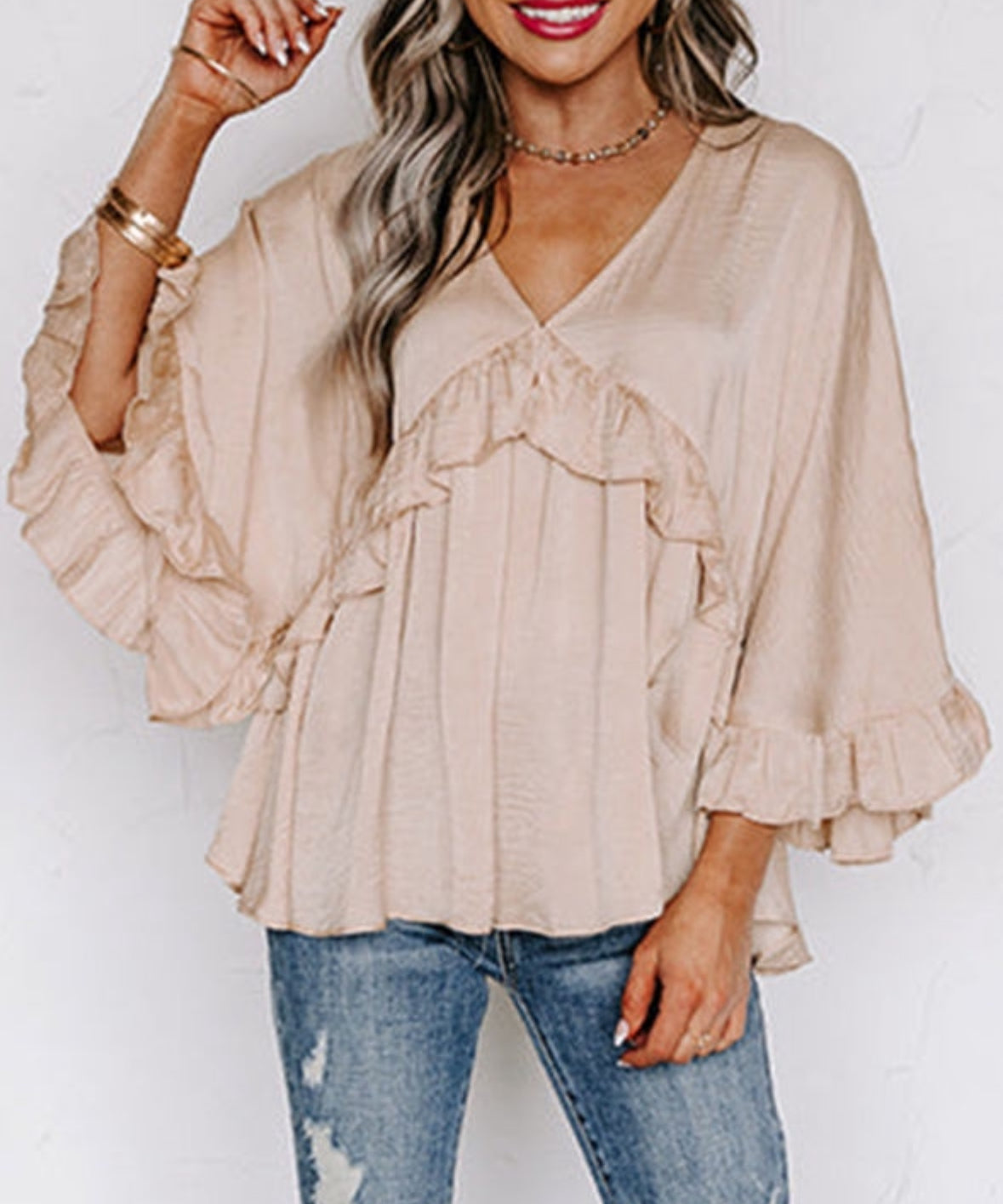 Apricot Batwing Sleeve Ruffle Top